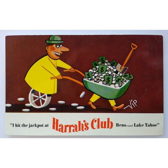 Harrahs Club Casino Postcard Man Wheels Wheelbarrel VIP Reno Lake Tahoe Nevada - Picture 1 of 2